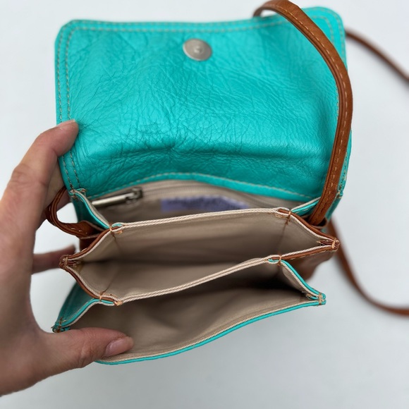 L'ARTIGIANO SORRENTINO Leather Crossbody Purse teal aqua tan bag Italy made - Picture 3 of 12
